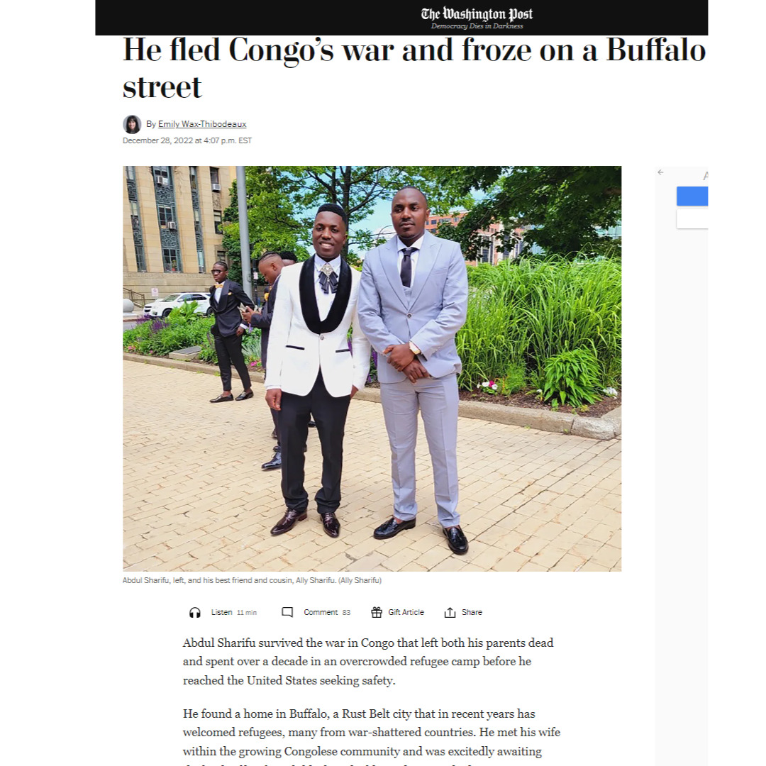 Washington Post article with headline that reads "He fled Congo’s war and froze on a Buffalo street" 